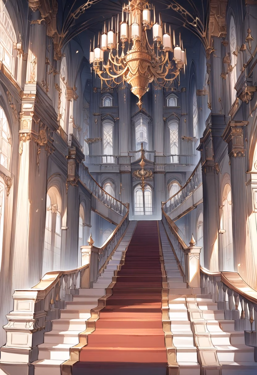 Grand Marble Staircase — view 4 — grand staircase, marble steps, chandelier, palace interior, gold trim, elegant architecture, detailed marble texture, ma