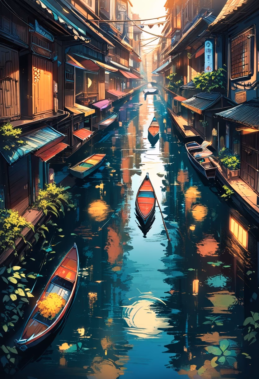 Floating Market Canal — view 3 — floating market street, canal houses, colorful boats, morning light, southeast asia, urban waterway, detailed reflection