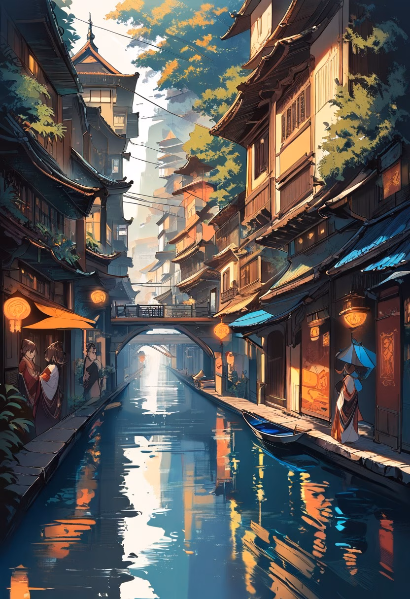 Floating Market Canal — view 4 — floating market street, canal houses, colorful boats, morning light, southeast asia, urban waterway, detailed reflection