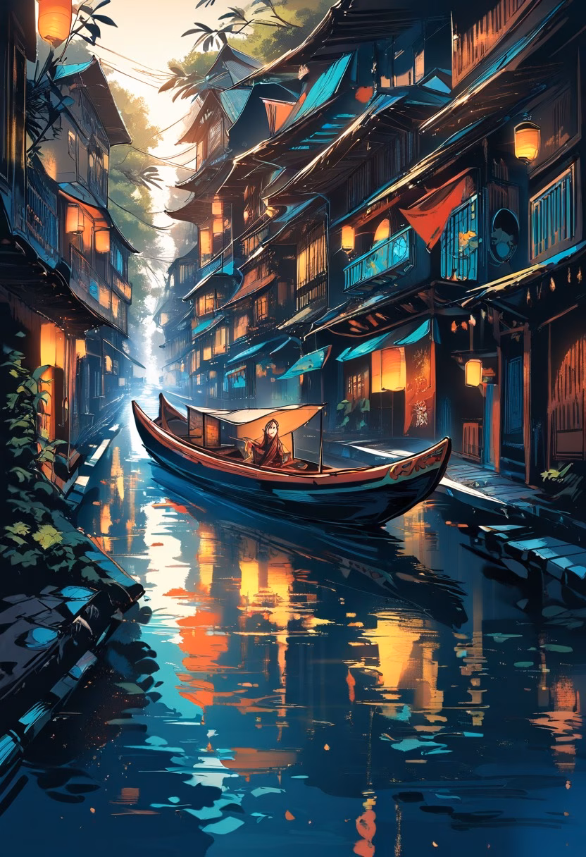 Floating Market Canal — view 5 — floating market street, canal houses, colorful boats, morning light, southeast asia, urban waterway, detailed reflection