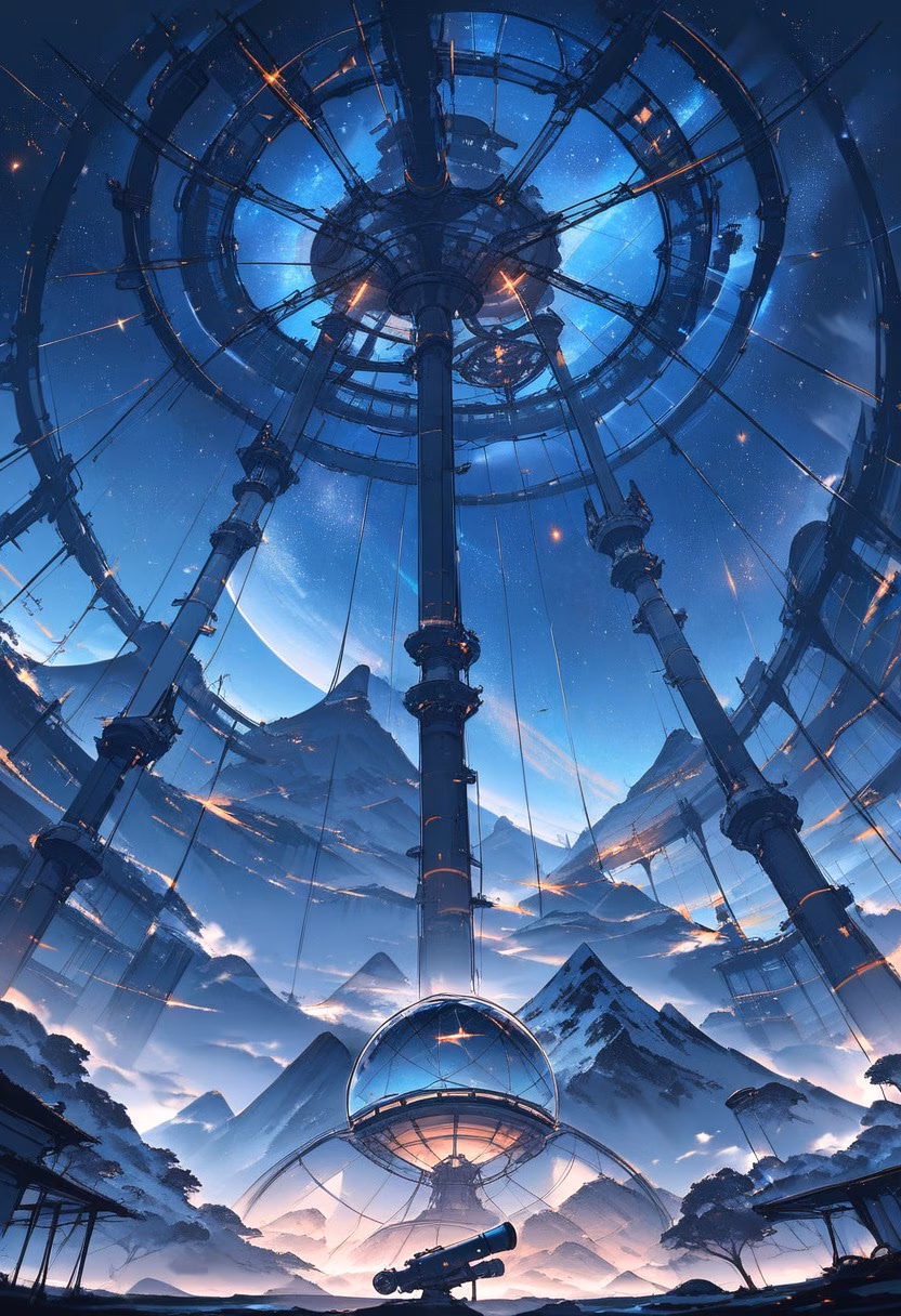 Mountain Star Observatory — view 3 — mountain observatory, glass dome, telescope, starry sky visible, night, scientific, futuristic architecture, detailed st