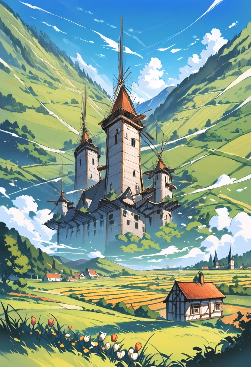 Dutch Windmill Fields — view 1 — windmill fields, dutch countryside, tulip rows, blue sky, historic architecture, rural landscape, detailed windmill blad