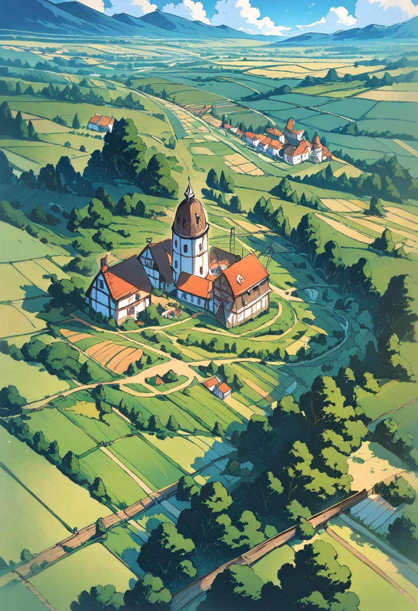 Dutch Windmill Fields — view 2 — windmill fields, dutch countryside, tulip rows, blue sky, historic architecture, rural landscape, detailed windmill blad
