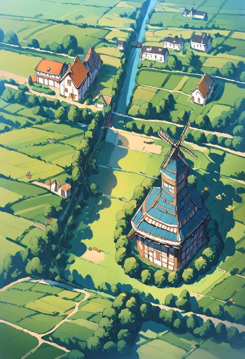 Dutch Windmill Fields — view 3 — windmill fields, dutch countryside, tulip rows, blue sky, historic architecture, rural landscape, detailed windmill blad