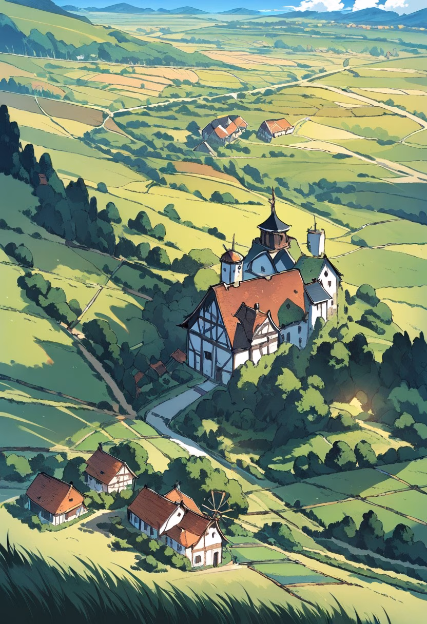 Dutch Windmill Fields — view 4 — windmill fields, dutch countryside, tulip rows, blue sky, historic architecture, rural landscape, detailed windmill blad