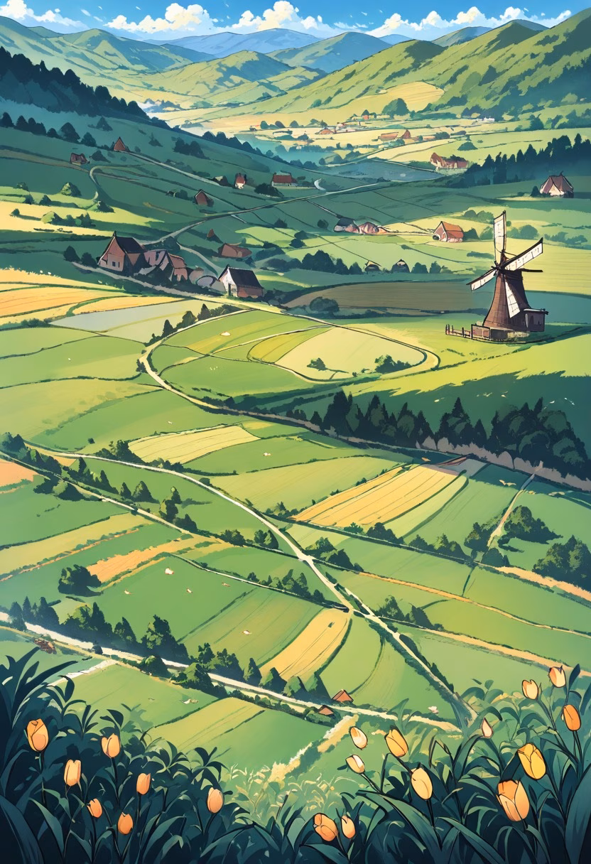 Dutch Windmill Fields — view 5 — windmill fields, dutch countryside, tulip rows, blue sky, historic architecture, rural landscape, detailed windmill blad