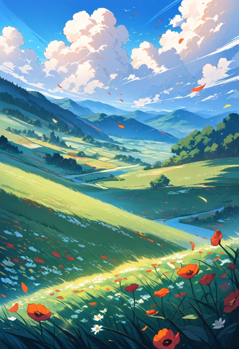 Red Poppy Countryside — view 1 — field of red poppies, rolling hills, blue sky, scattered clouds, gentle wind, countryside, wildflowers, nature, detailed