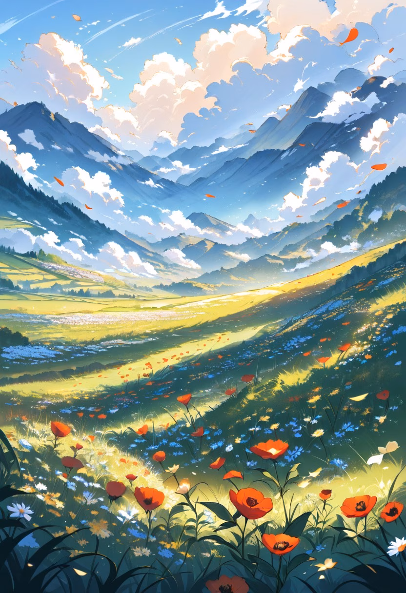 Red Poppy Countryside — view 2 — field of red poppies, rolling hills, blue sky, scattered clouds, gentle wind, countryside, wildflowers, nature, detailed
