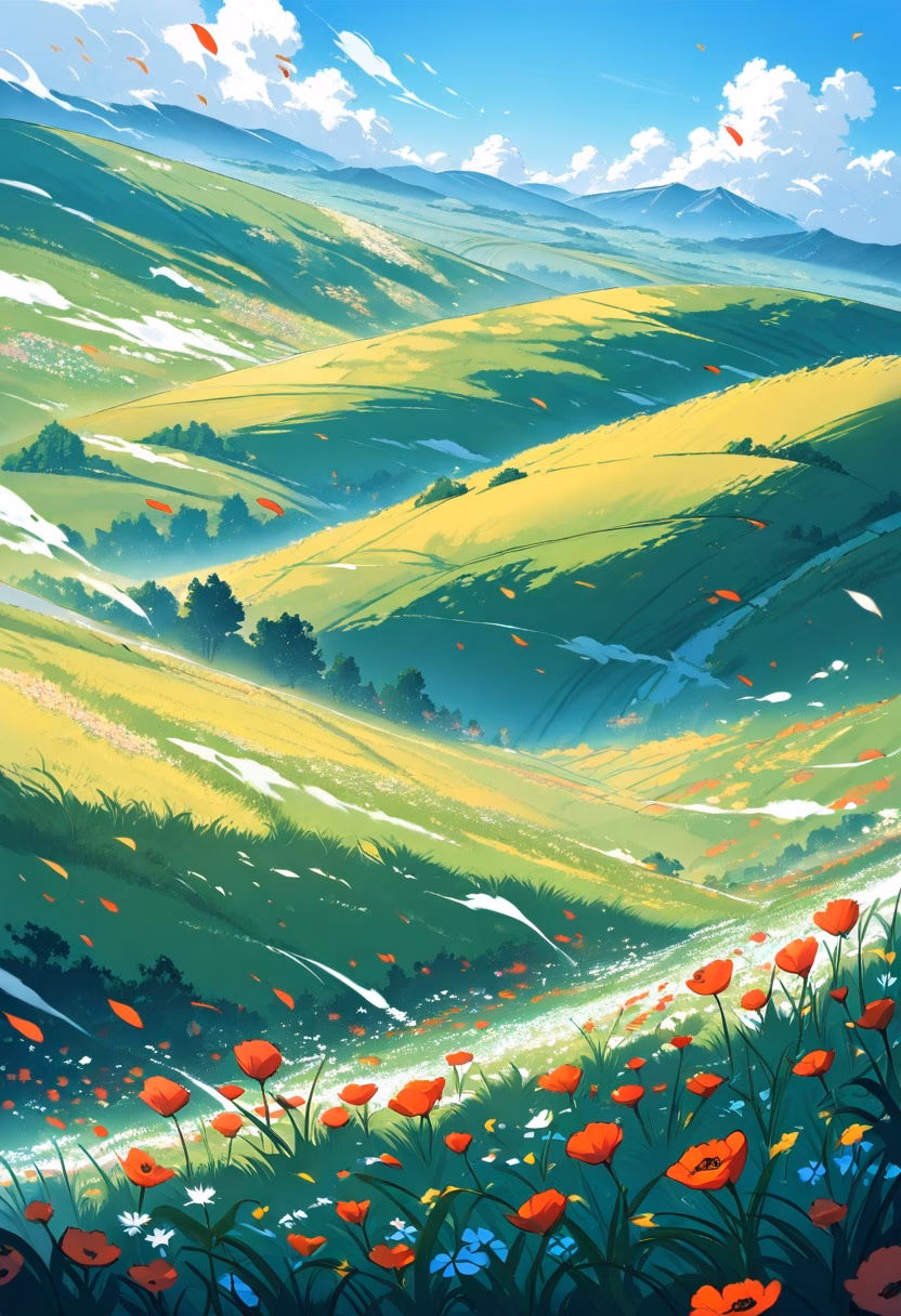 Red Poppy Countryside — view 3 — field of red poppies, rolling hills, blue sky, scattered clouds, gentle wind, countryside, wildflowers, nature, detailed