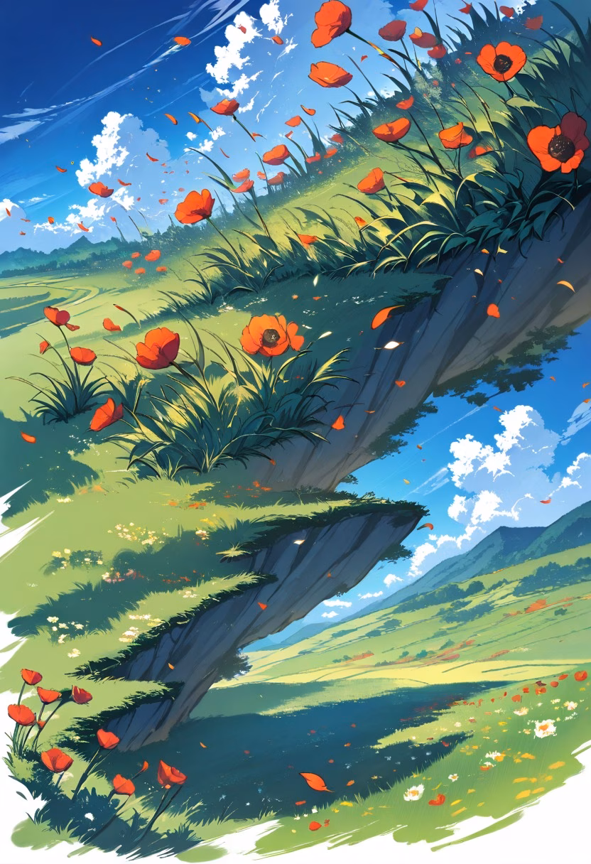 Red Poppy Countryside — view 4 — field of red poppies, rolling hills, blue sky, scattered clouds, gentle wind, countryside, wildflowers, nature, detailed