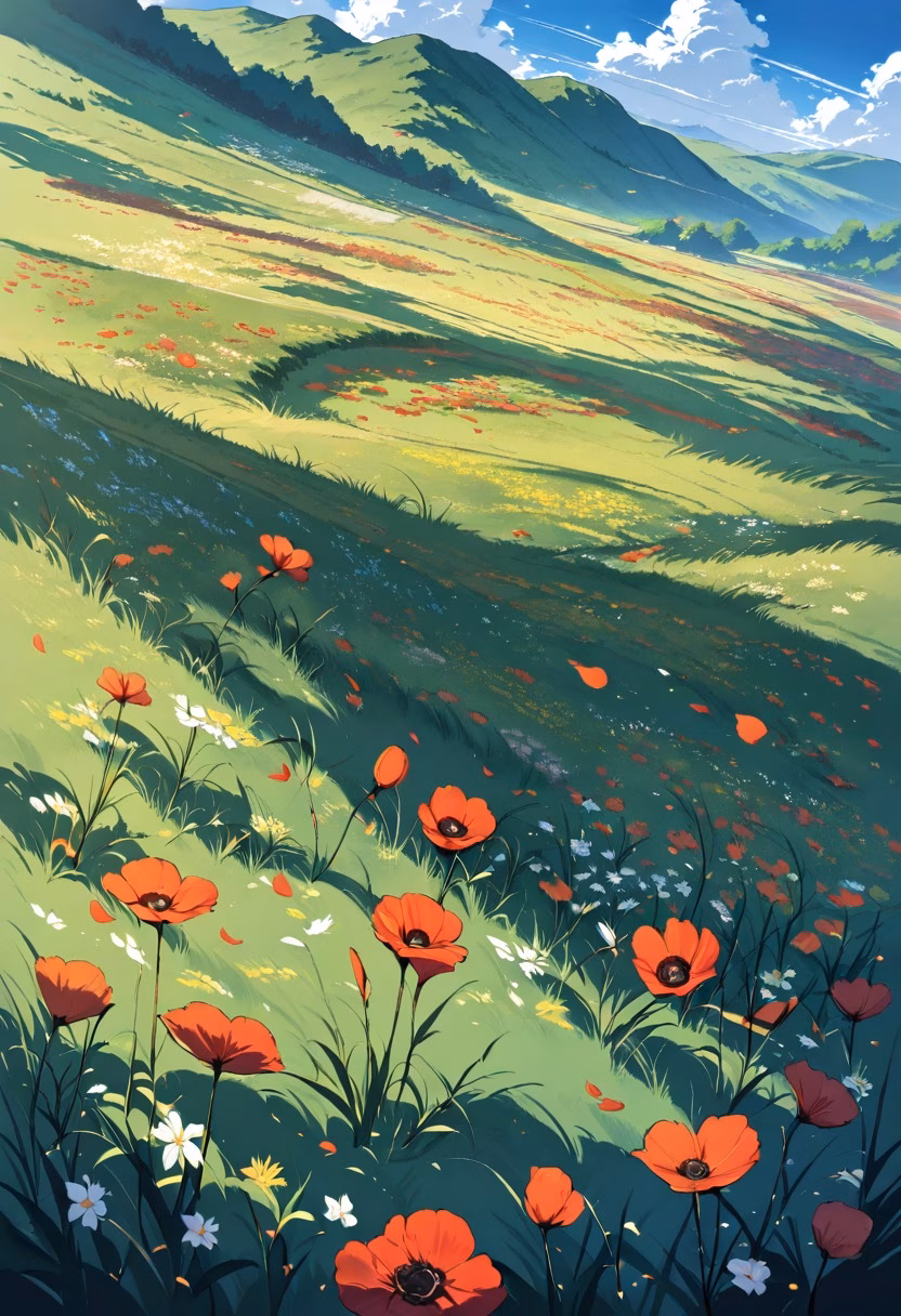 Red Poppy Countryside — view 5 — field of red poppies, rolling hills, blue sky, scattered clouds, gentle wind, countryside, wildflowers, nature, detailed
