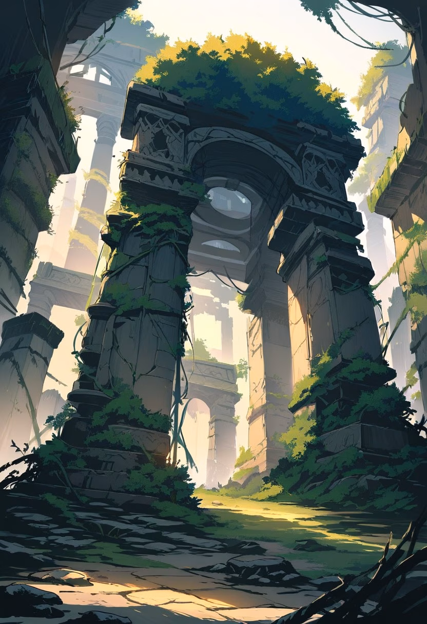 Overgrown Ancient Ruins — view 1 — ancient stone ruins, overgrown vines, sunset light, crumbling pillars, mysterious history, archaeology, detailed stonewo