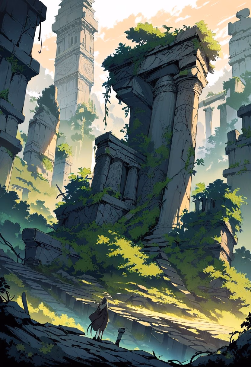 Overgrown Ancient Ruins — view 2 — ancient stone ruins, overgrown vines, sunset light, crumbling pillars, mysterious history, archaeology, detailed stonewo