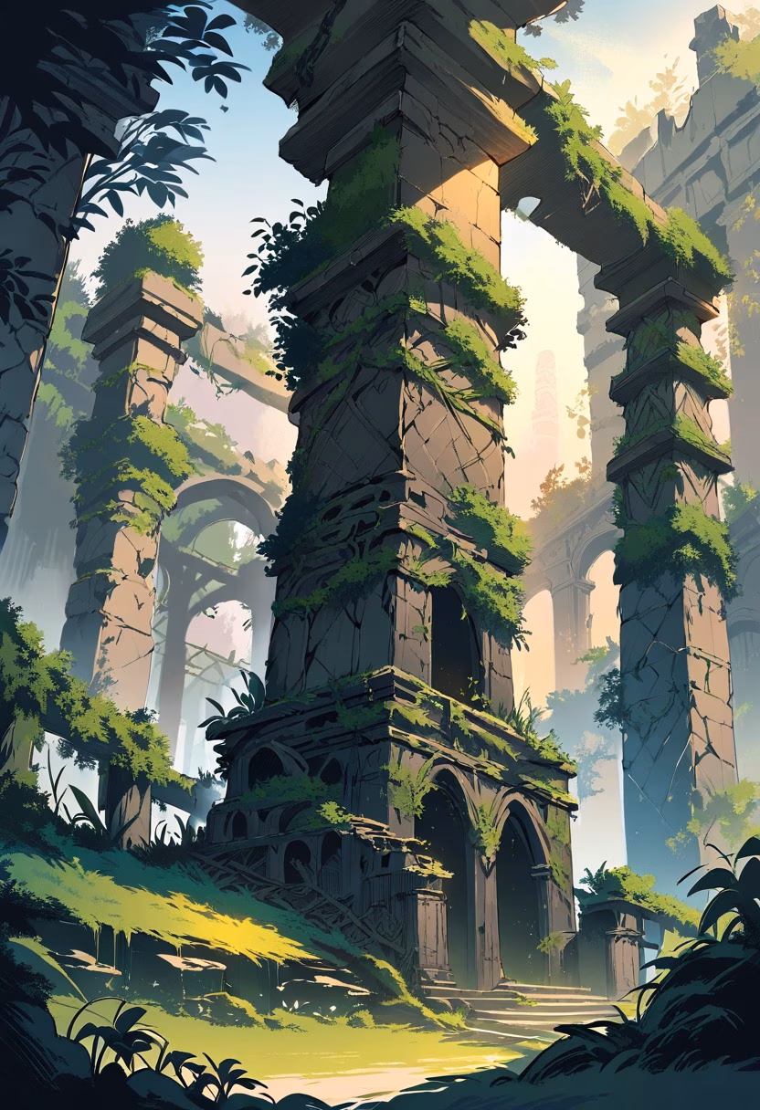 Overgrown Ancient Ruins — view 3 — ancient stone ruins, overgrown vines, sunset light, crumbling pillars, mysterious history, archaeology, detailed stonewo
