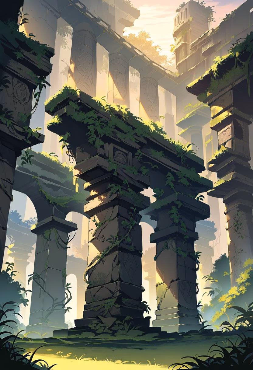 Overgrown Ancient Ruins — view 4 — ancient stone ruins, overgrown vines, sunset light, crumbling pillars, mysterious history, archaeology, detailed stonewo
