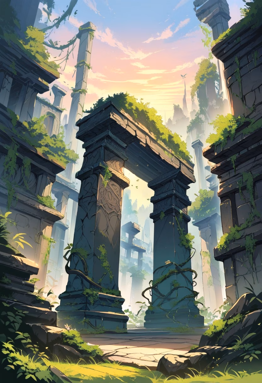 Overgrown Ancient Ruins — view 5 — ancient stone ruins, overgrown vines, sunset light, crumbling pillars, mysterious history, archaeology, detailed stonewo