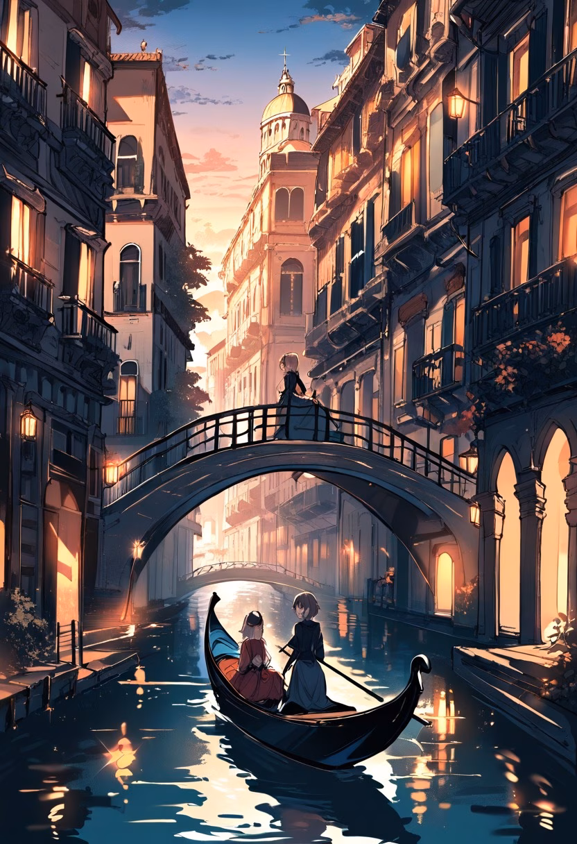 Venice Canal Gondola — view 2 — venice canal, gondola, old buildings, evening lights, romantic atmosphere, reflections on water, travel, detailed archit