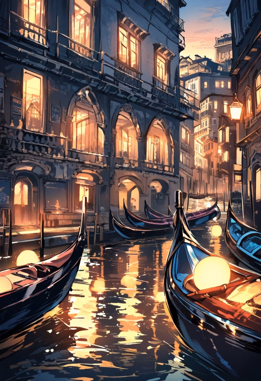 Venice Canal Gondola — view 3 — venice canal, gondola, old buildings, evening lights, romantic atmosphere, reflections on water, travel, detailed archit