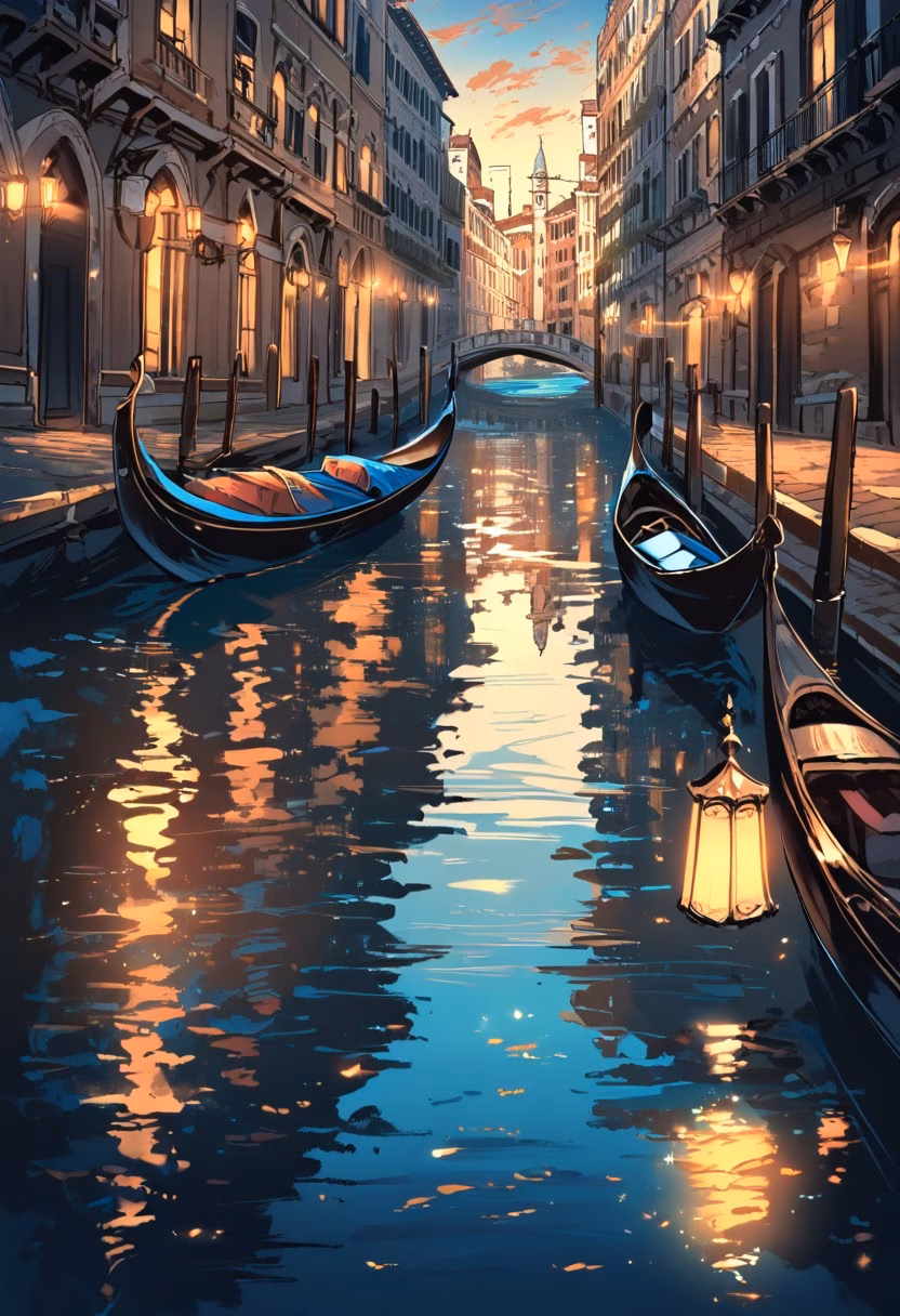 Venice Canal Gondola — view 4 — venice canal, gondola, old buildings, evening lights, romantic atmosphere, reflections on water, travel, detailed archit