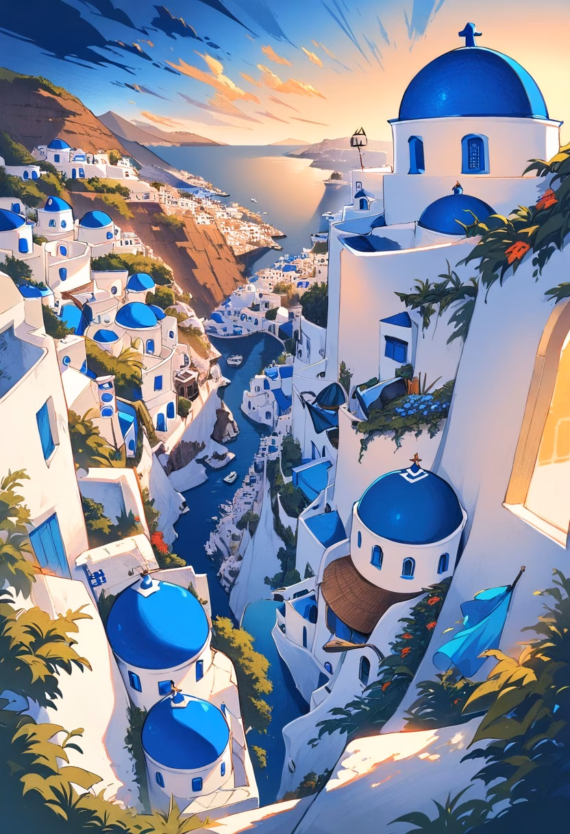 Santorini Cliffside Village — view 1 — santorini village, white houses, blue domes, cliffside, aegean sea, sunset, greek island, travel, detailed rooftops, mas