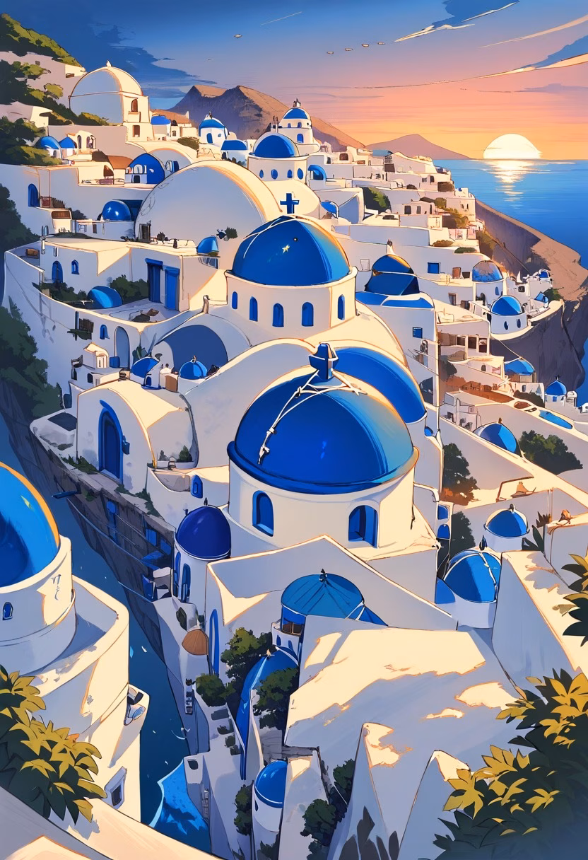 Santorini Cliffside Village — view 2 — santorini village, white houses, blue domes, cliffside, aegean sea, sunset, greek island, travel, detailed rooftops, mas
