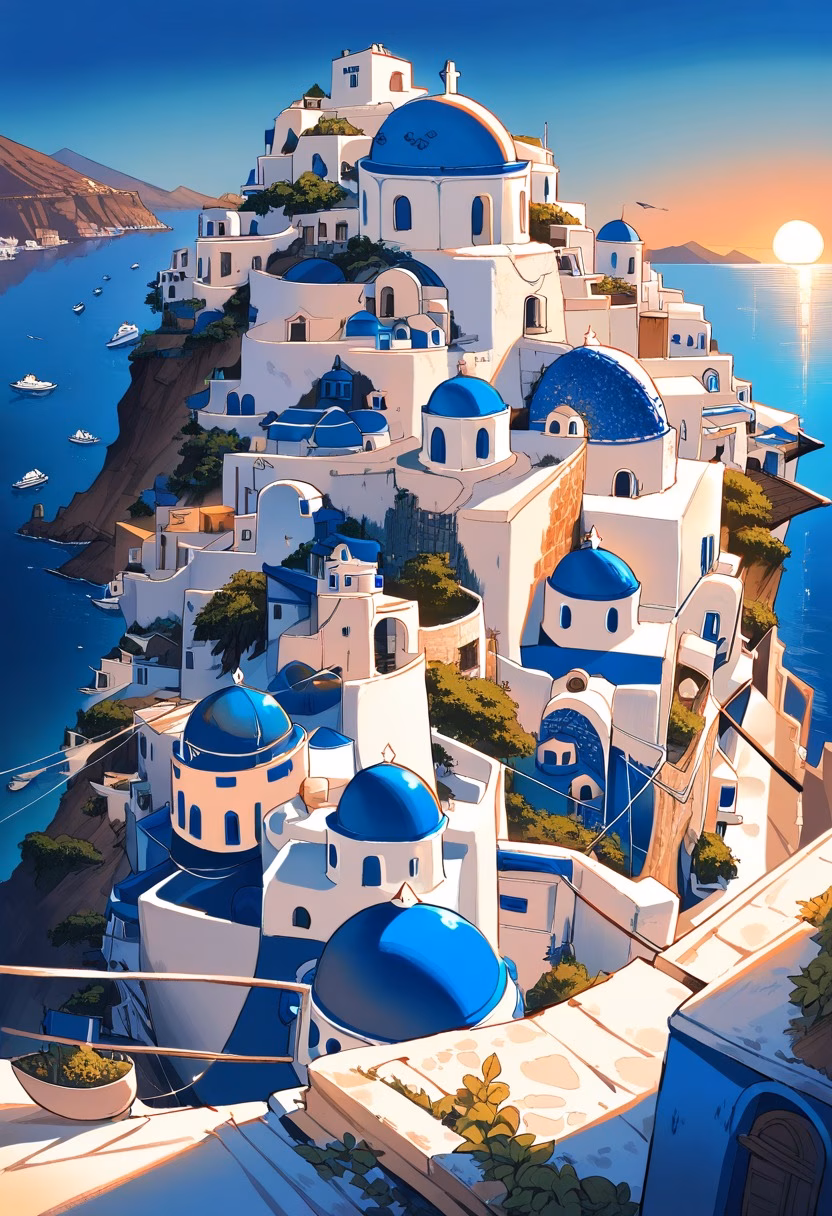 Santorini Cliffside Village — view 3 — santorini village, white houses, blue domes, cliffside, aegean sea, sunset, greek island, travel, detailed rooftops, mas