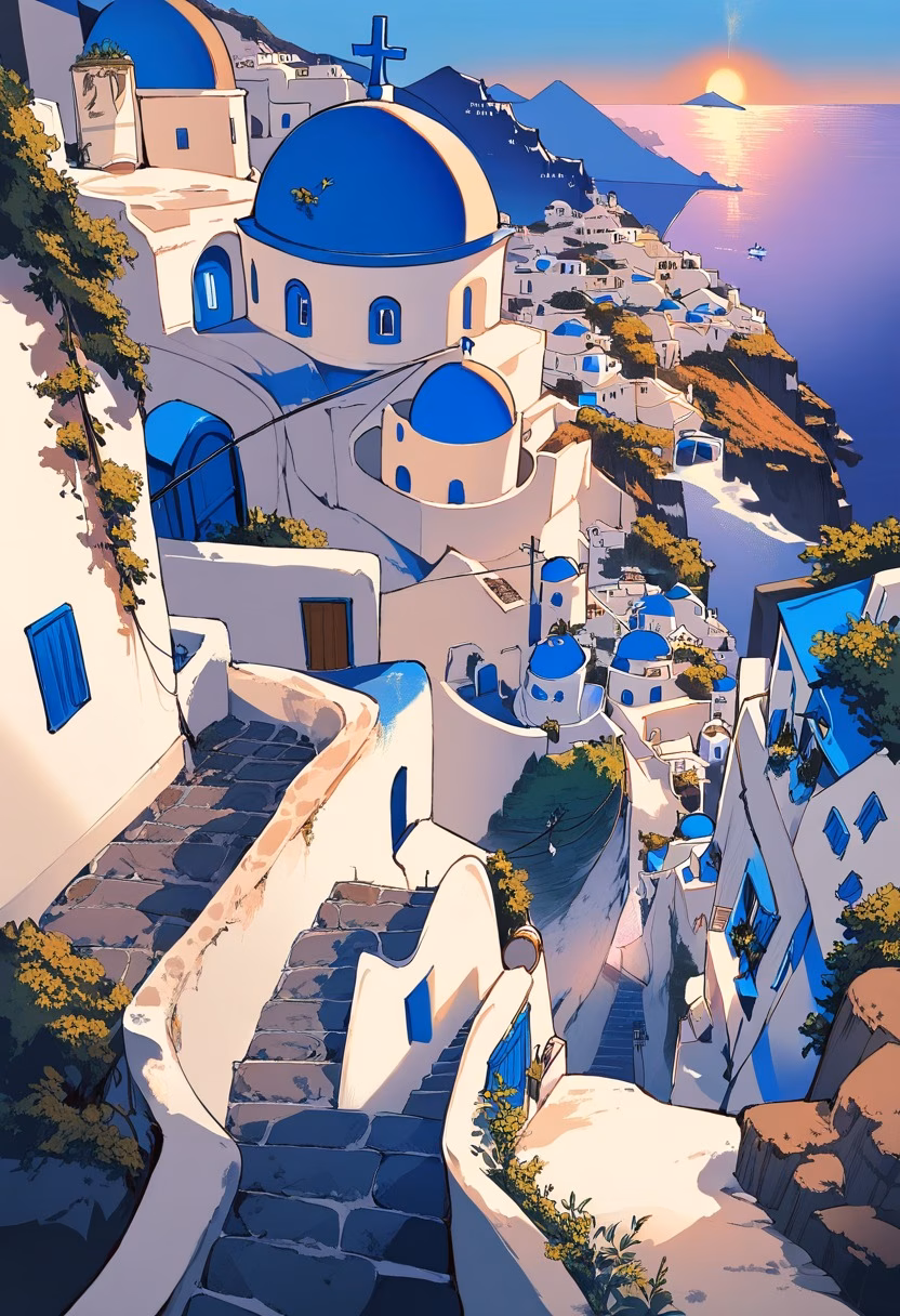 Santorini Cliffside Village — view 4 — santorini village, white houses, blue domes, cliffside, aegean sea, sunset, greek island, travel, detailed rooftops, mas