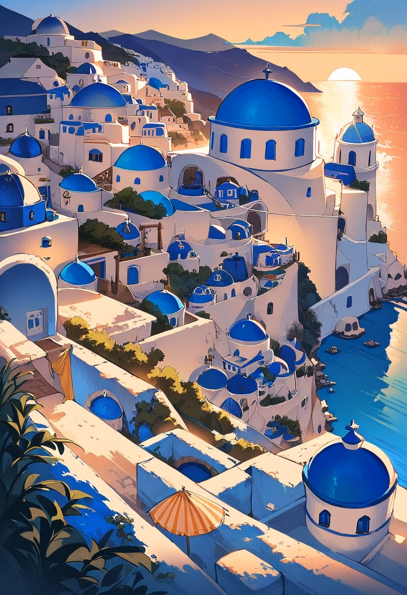 Santorini Cliffside Village — view 5 — santorini village, white houses, blue domes, cliffside, aegean sea, sunset, greek island, travel, detailed rooftops, mas
