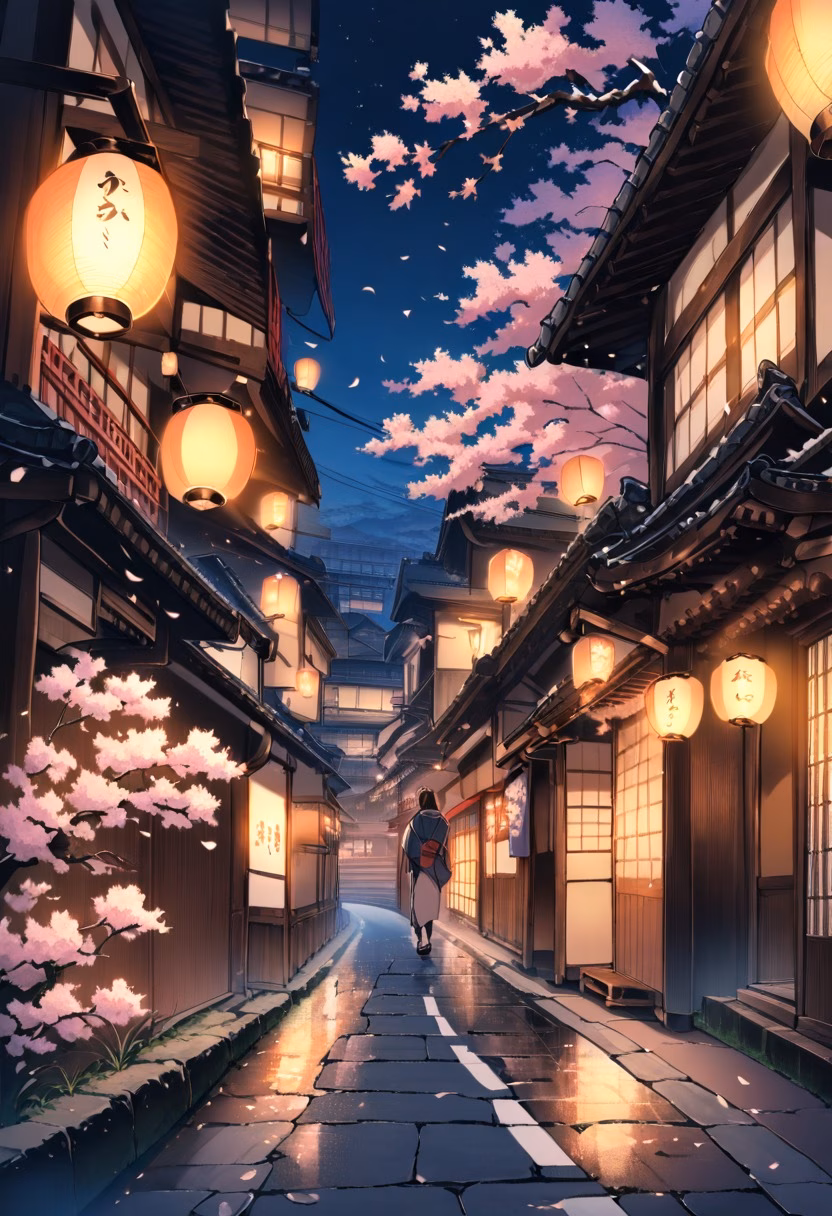 Kyoto Evening Street — view 1 — kyoto street, traditional wooden houses, lanterns glowing, evening, cherry blossoms, japan, travel, detailed lanterns, m