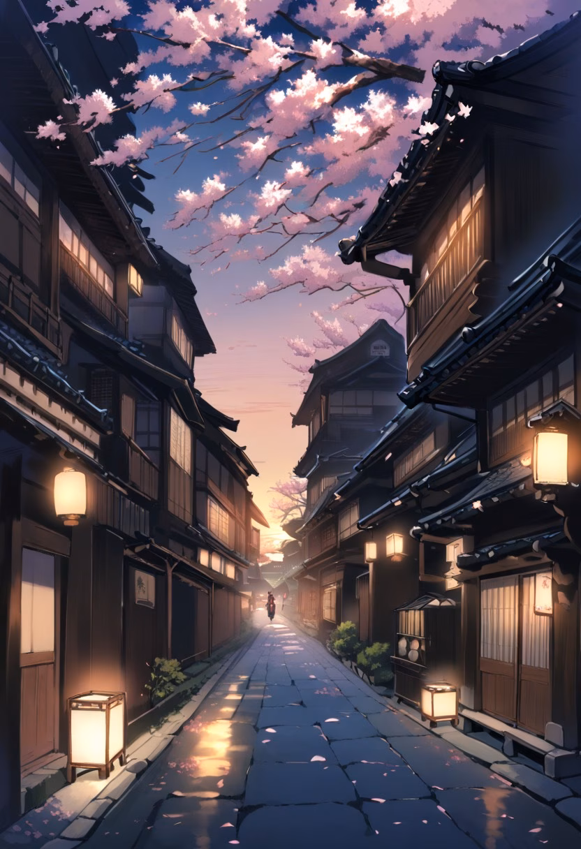 Kyoto Evening Street — view 2 — kyoto street, traditional wooden houses, lanterns glowing, evening, cherry blossoms, japan, travel, detailed lanterns, m