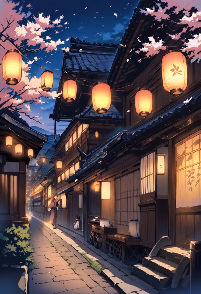 Kyoto Evening Street — view 3 — kyoto street, traditional wooden houses, lanterns glowing, evening, cherry blossoms, japan, travel, detailed lanterns, m