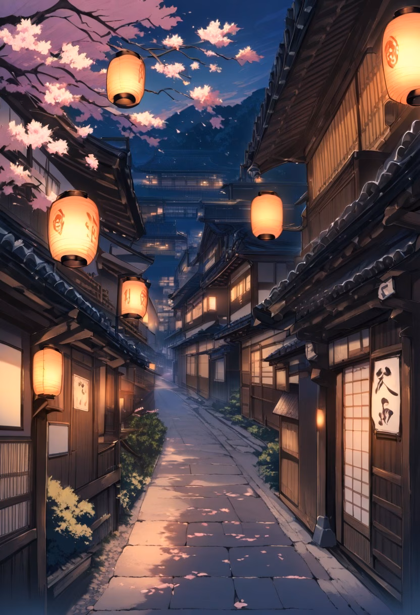 Kyoto Evening Street — view 4 — kyoto street, traditional wooden houses, lanterns glowing, evening, cherry blossoms, japan, travel, detailed lanterns, m