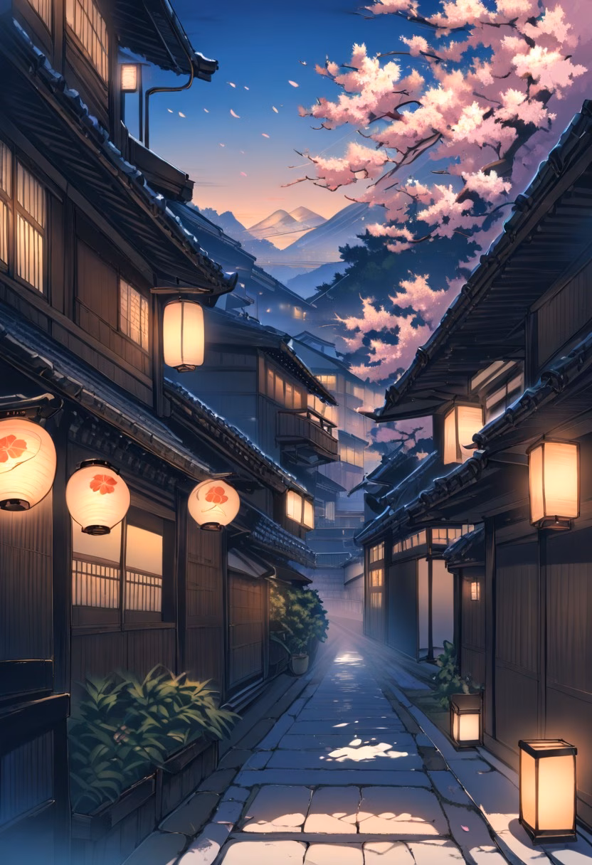 Kyoto Evening Street — view 5 — kyoto street, traditional wooden houses, lanterns glowing, evening, cherry blossoms, japan, travel, detailed lanterns, m