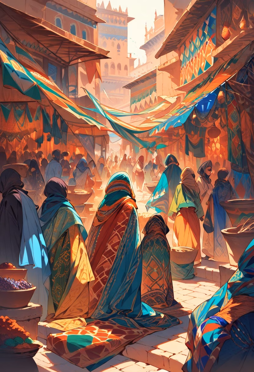 Marrakech Spice Market — view 1 — marrakech market, spice stalls, colorful textiles, bustling crowd, warm light, morocco, travel, detailed fabric patterns
