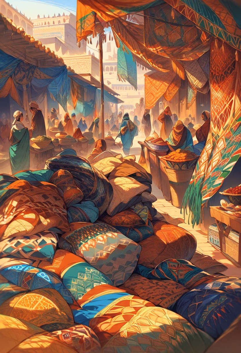 Marrakech Spice Market — view 2 — marrakech market, spice stalls, colorful textiles, bustling crowd, warm light, morocco, travel, detailed fabric patterns