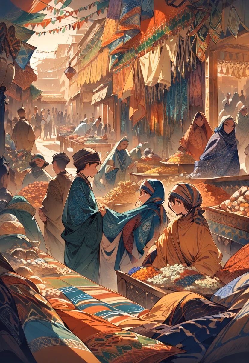 Marrakech Spice Market — view 3 — marrakech market, spice stalls, colorful textiles, bustling crowd, warm light, morocco, travel, detailed fabric patterns