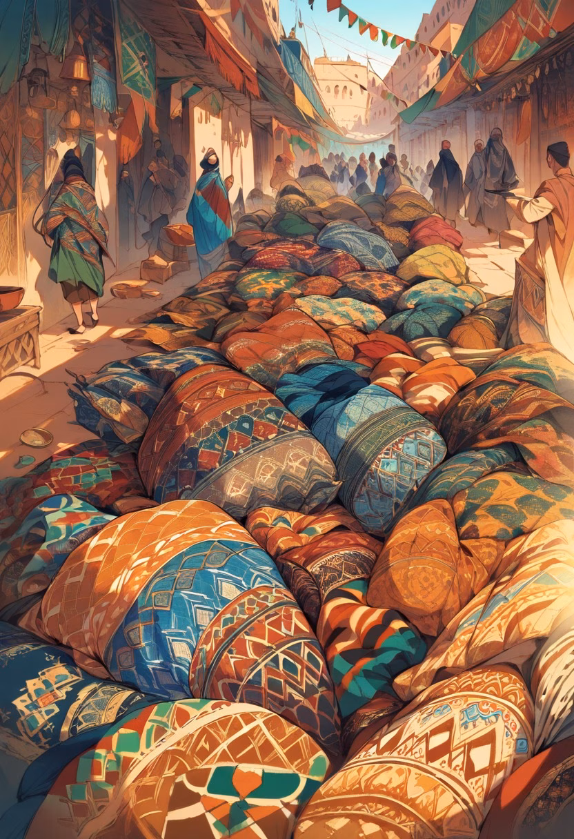 Marrakech Spice Market — view 4 — marrakech market, spice stalls, colorful textiles, bustling crowd, warm light, morocco, travel, detailed fabric patterns