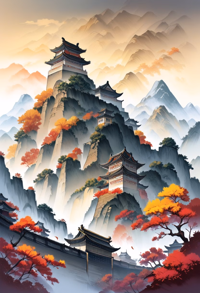 Great Wall in Autumn — view 1 — great wall of china, mountain ridge, autumn colors, ancient fortification, mist, historic, travel, detailed stonework, m