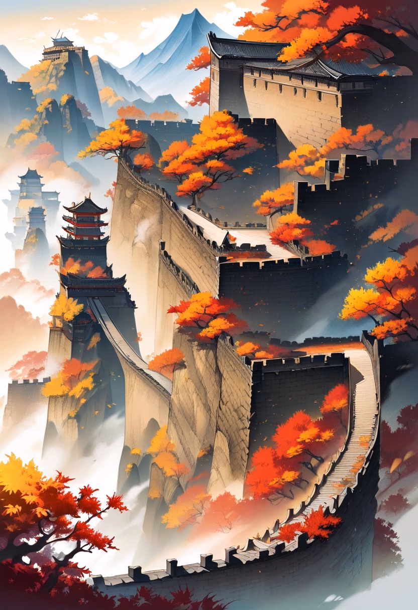Great Wall in Autumn — view 2 — great wall of china, mountain ridge, autumn colors, ancient fortification, mist, historic, travel, detailed stonework, m