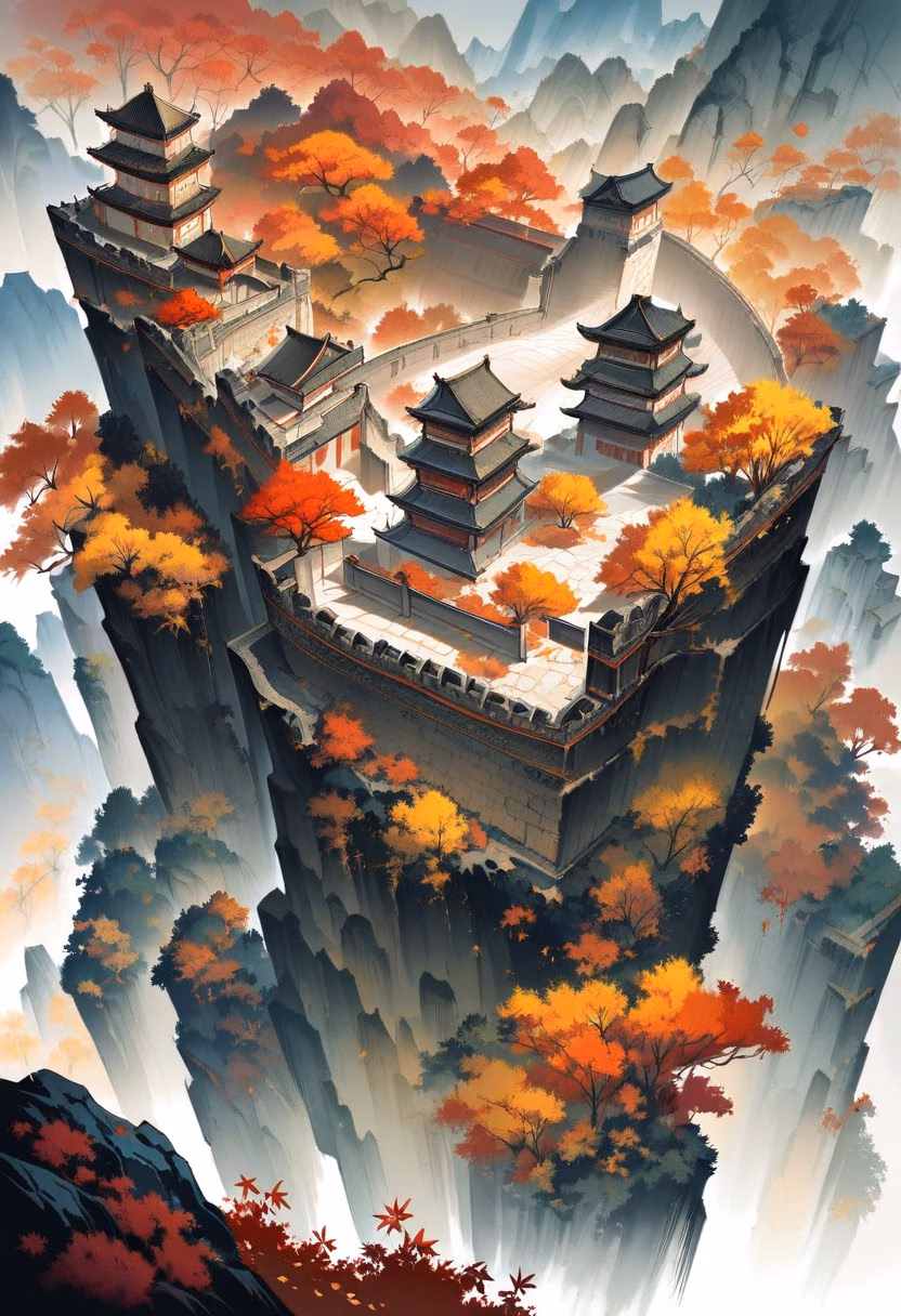 Great Wall in Autumn — view 3 — great wall of china, mountain ridge, autumn colors, ancient fortification, mist, historic, travel, detailed stonework, m