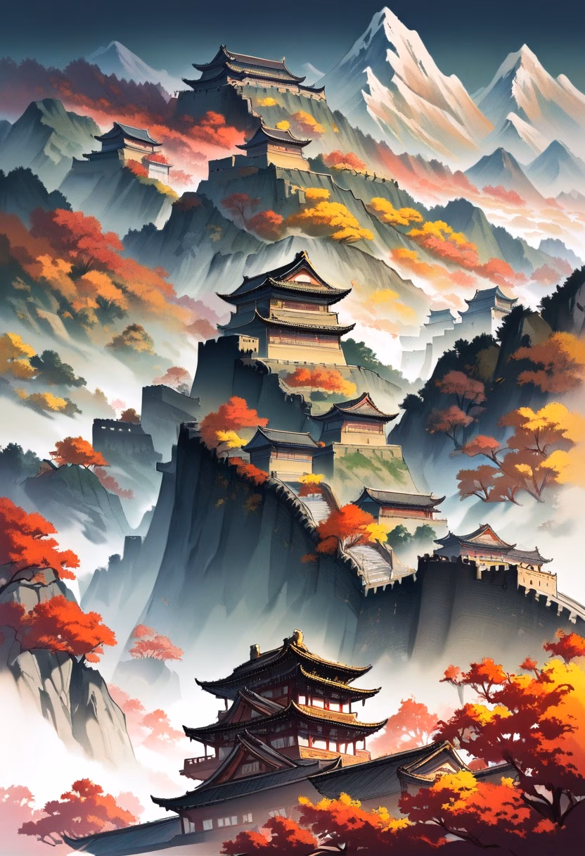 Great Wall in Autumn — view 4 — great wall of china, mountain ridge, autumn colors, ancient fortification, mist, historic, travel, detailed stonework, m