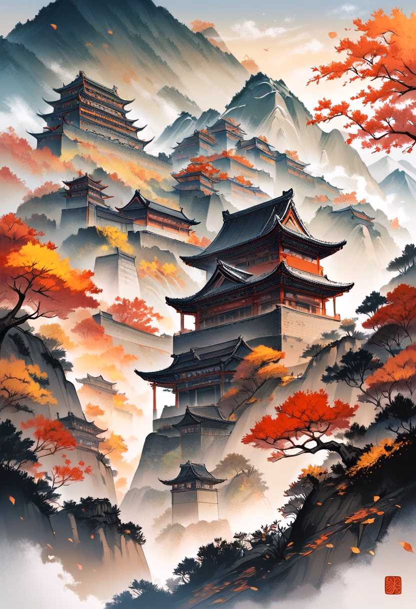 Great Wall in Autumn — view 5 — great wall of china, mountain ridge, autumn colors, ancient fortification, mist, historic, travel, detailed stonework, m