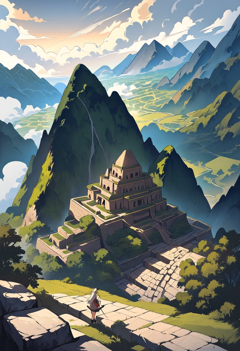 Machu Picchu at Dawn — view 1 — machu picchu ruins, andes mountains, morning clouds, terraced stone, ancient inca city, travel, detailed stone terraces,