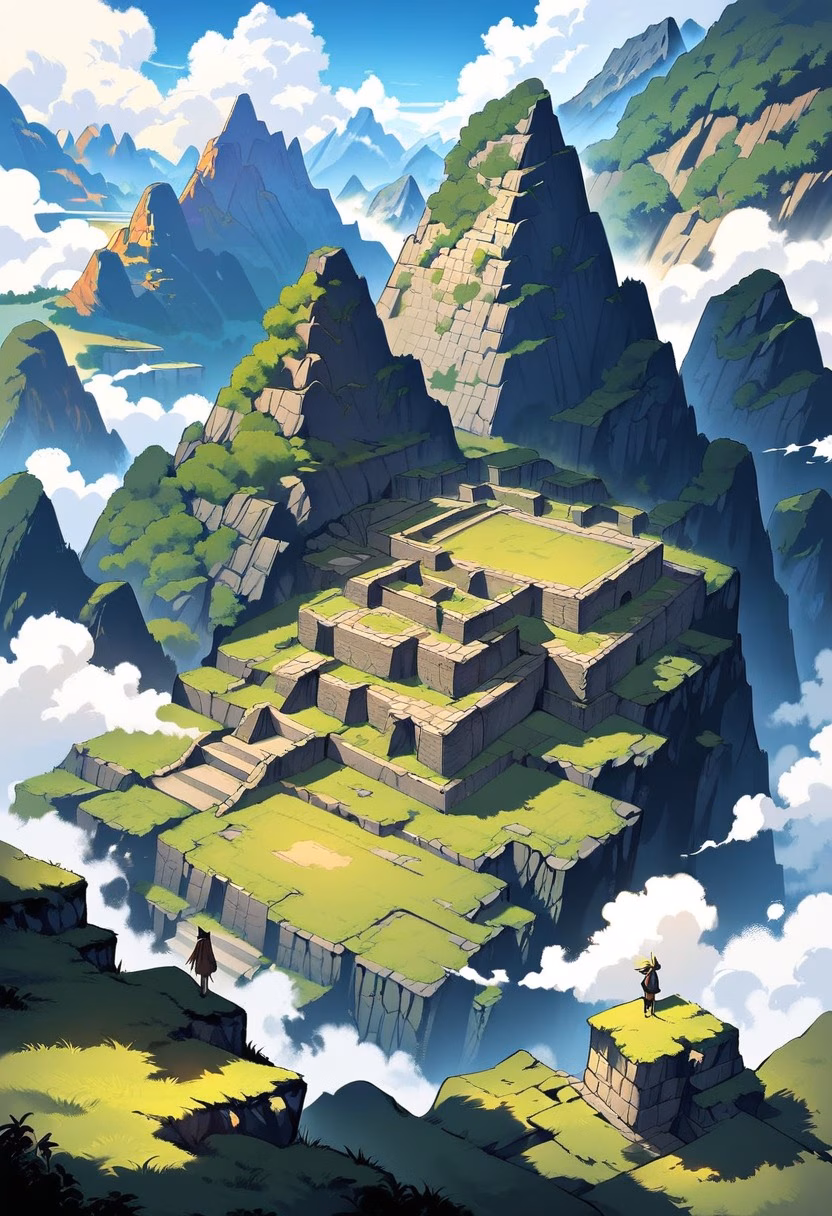 Machu Picchu at Dawn — view 2 — machu picchu ruins, andes mountains, morning clouds, terraced stone, ancient inca city, travel, detailed stone terraces,
