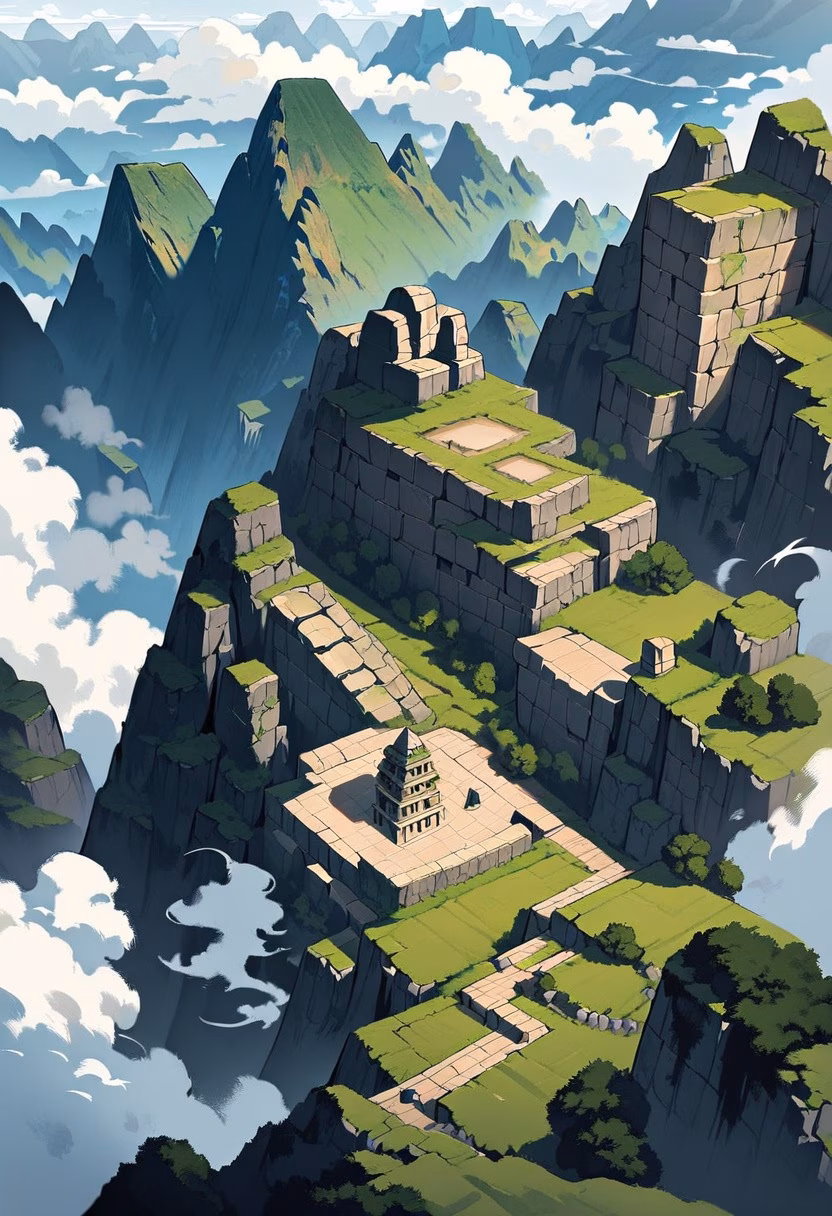 Machu Picchu at Dawn — view 3 — machu picchu ruins, andes mountains, morning clouds, terraced stone, ancient inca city, travel, detailed stone terraces,