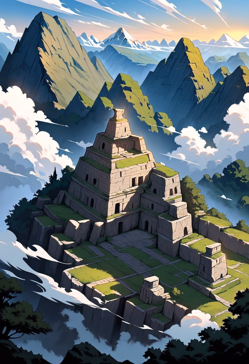 Machu Picchu at Dawn — view 4 — machu picchu ruins, andes mountains, morning clouds, terraced stone, ancient inca city, travel, detailed stone terraces,
