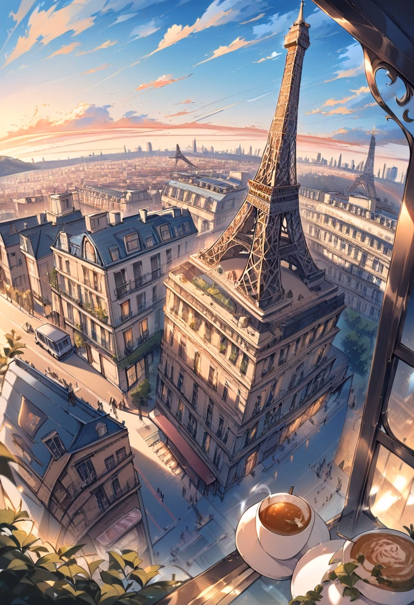 Paris Rooftop Evening — view 1 — paris rooftop view, eiffel tower distant, warm evening light, cafe terrace, romantic, travel, detailed city skyline, mas