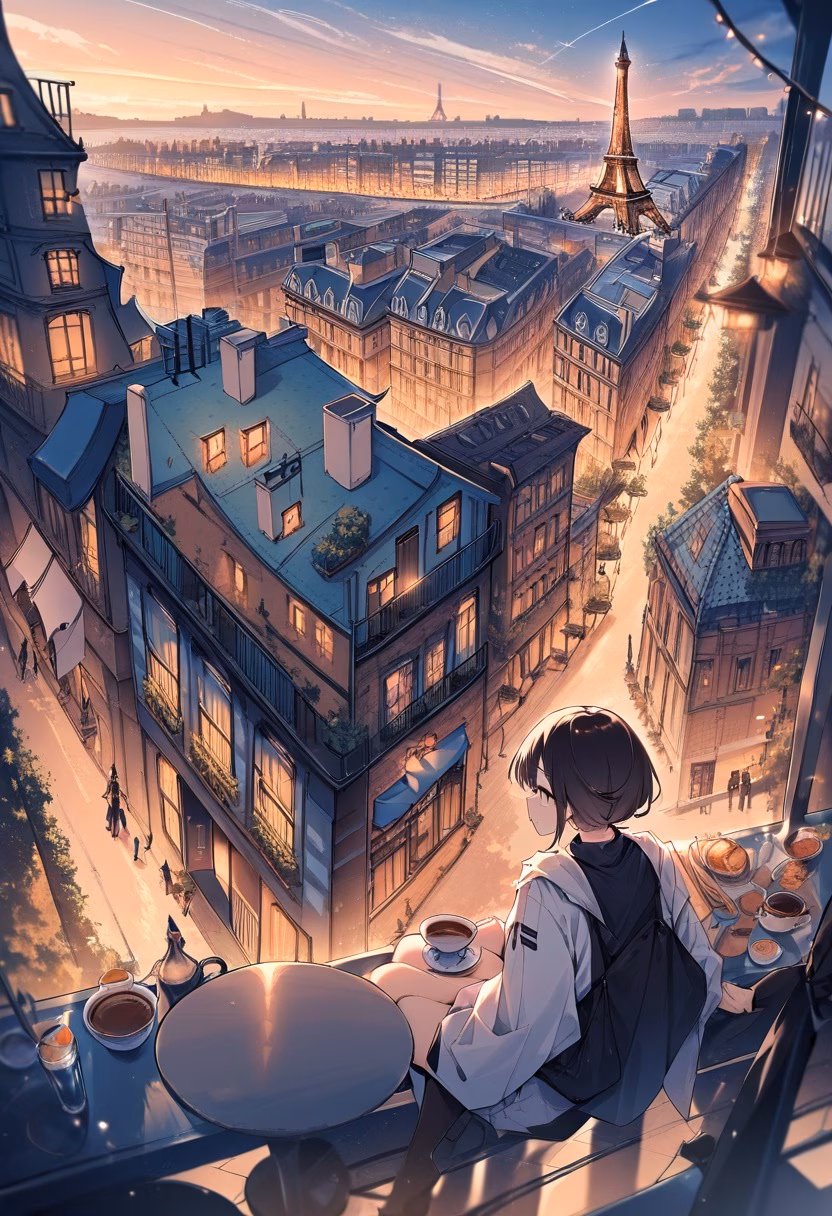 Paris Rooftop Evening — view 2 — paris rooftop view, eiffel tower distant, warm evening light, cafe terrace, romantic, travel, detailed city skyline, mas