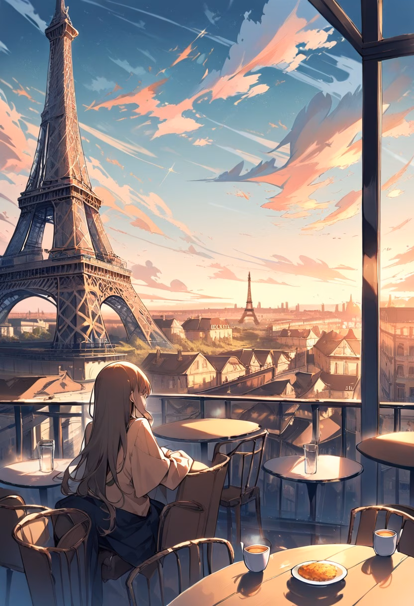 Paris Rooftop Evening — view 3 — paris rooftop view, eiffel tower distant, warm evening light, cafe terrace, romantic, travel, detailed city skyline, mas