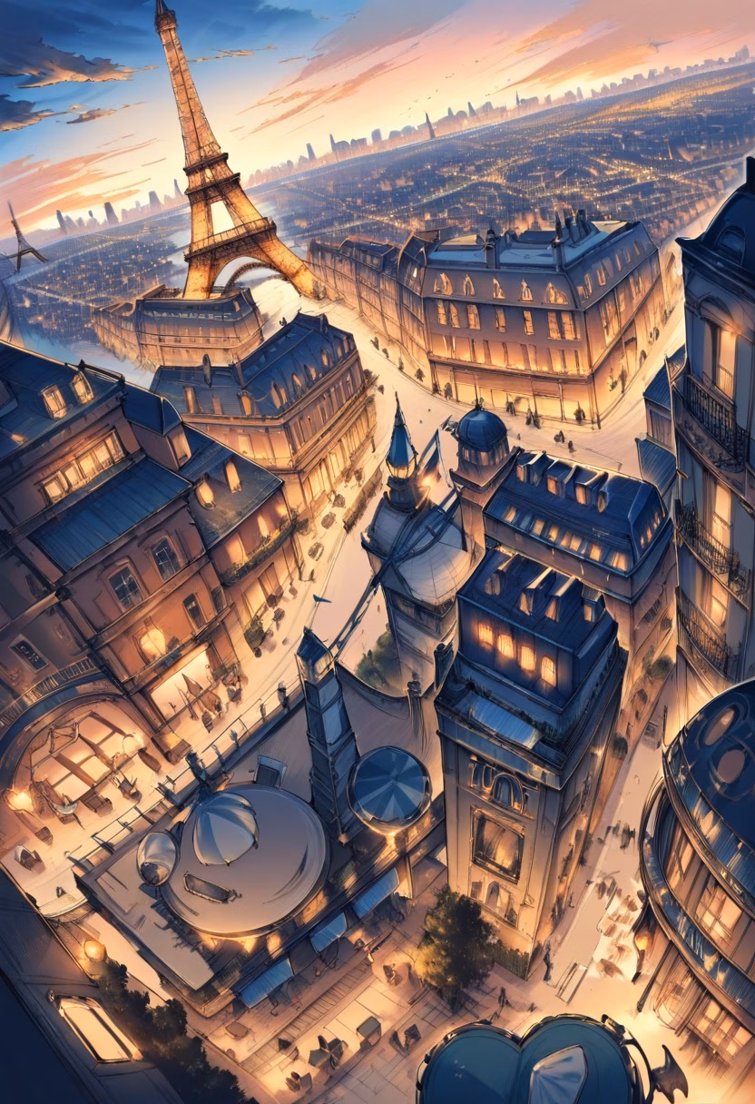 Paris Rooftop Evening — view 4 — paris rooftop view, eiffel tower distant, warm evening light, cafe terrace, romantic, travel, detailed city skyline, mas